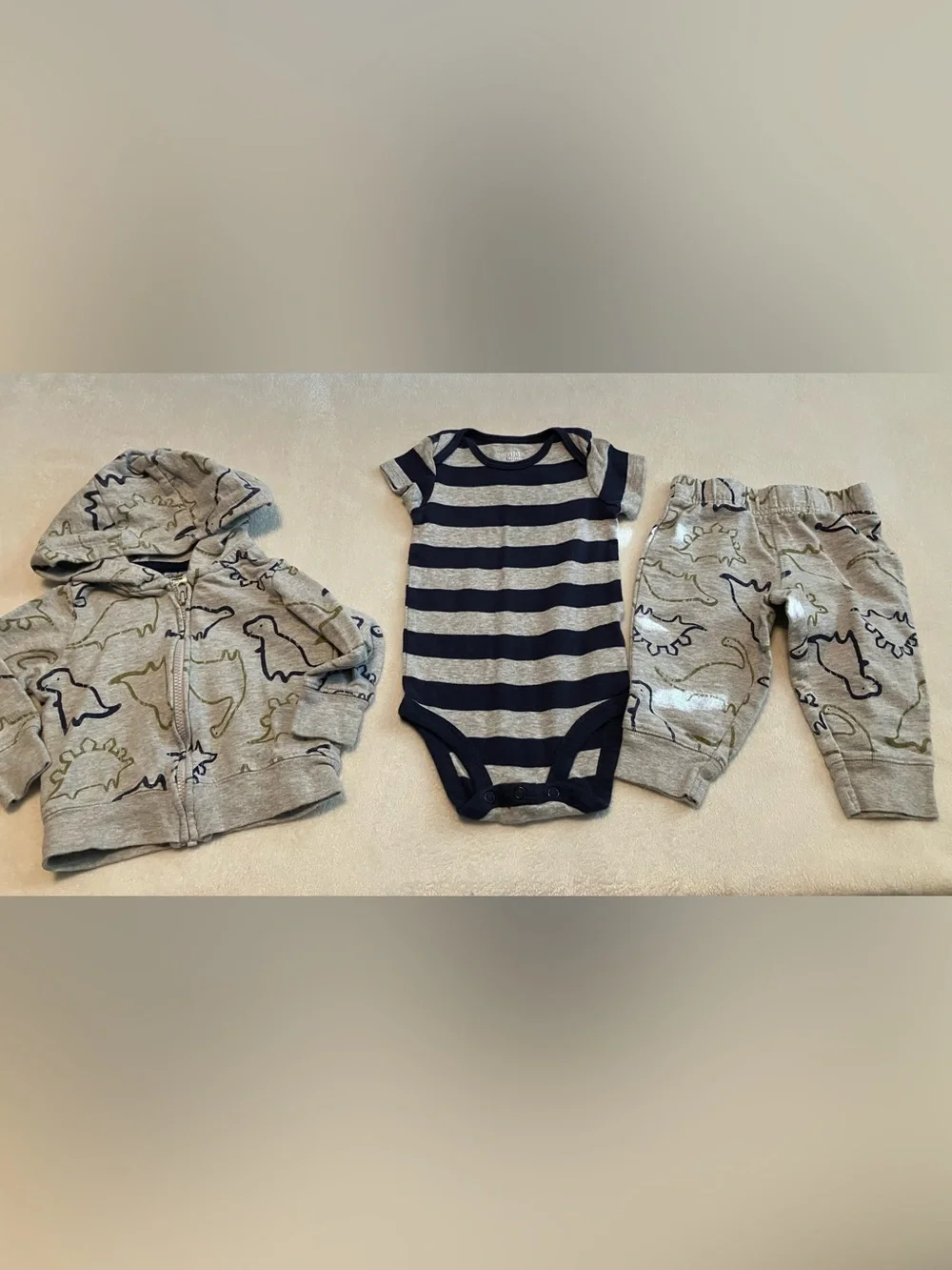 Baby 3-Piece Dino Hoodie Set with Navy Stripe Bodysuit